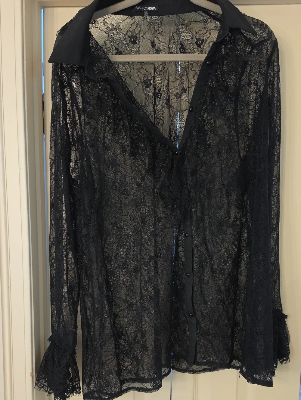 Fashion Nova Black Sheer Lace Button-Up Chemise